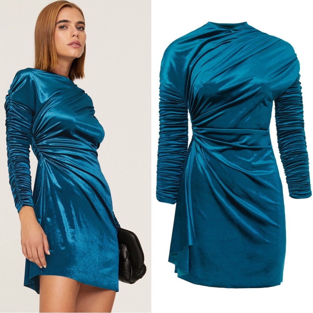 Atlein Bright Velvet Ruched Mini Dress Size 6 Monochrome Blue